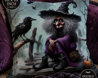 Halloween Witch Pillow Cover, Crow Witch Cushion Cover, Double-Sided 18x18 Velvet Pillow, Spooky Gothic Halloween Home Decor