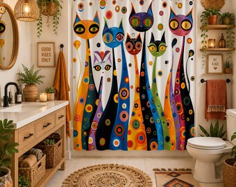 Colorful Cat Shower Curtain – Whimsical 2D Flat Print Artwork, Polka Dots, 70.8 x 70.8 Inches
