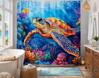 Sea Turtle Shower Curtain, Ocean Fishes,  under the sea design, Coastal Bathroom Decor, Polyester Fabric