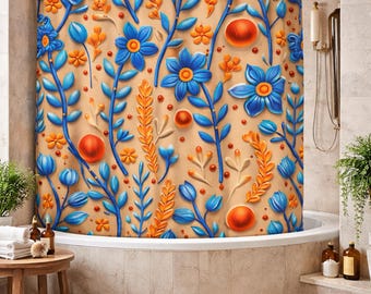 Boho Floral Shower Curtain | Blue Orange Botanical Print (70.8x70.8 Inches)