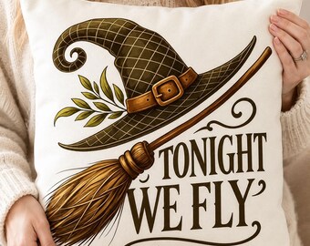 Halloween Witch Pillow Cover: "Tonight We Fly" Broom Hat Print (17.7 Inch)