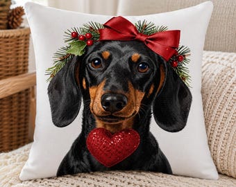 Christmas Dachshund Pillow Cover | Double-Sided Holiday Dog Cushion