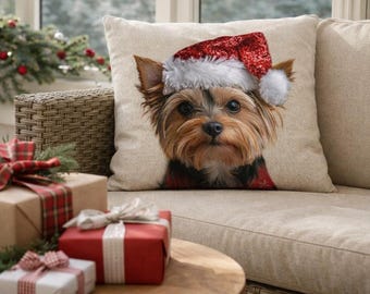 Yorkshire Terrier Christmas Pillow Cover, Festive Yorkie Holiday Decor (18x18)