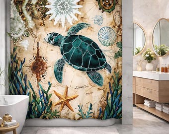 Sea Turtle Shower Curtain – Nautical Ocean Bathroom Decor, Waterproof Polyester Fabric