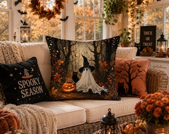 Halloween Ghost Pillow Cover, Black Cat & Jack O’ Lantern Cushion, 18x18 Double-Sided Print, Enchanted Forest Halloween Decor/ free shipping