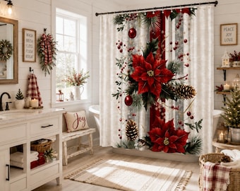 Christmas  Red Poinsettia Shower Curtain,  Pinecone Holly Berry, Pinecone Holiday Bathroom Decor, Xmas Ornament Curtain, 70.8 x 70.8 Inch