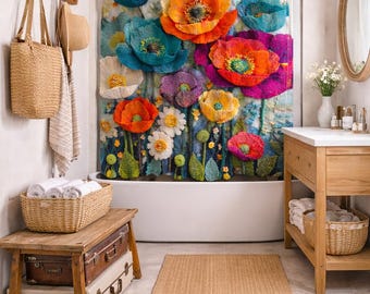 Vibrant Floral Shower Curtain, 2D Botanical Print, Boho Bathroom Decor