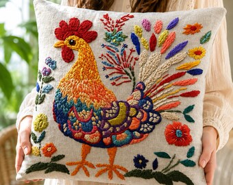 2D Flat Print Rooster Pillow Cover, Scandinavian Folk Art Decorative Cushion Cover, Non-Real Embroidery Design, Double-Sided Print, 18 x 18"