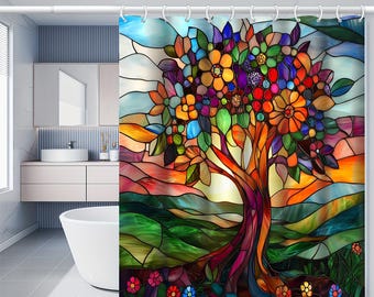 Tree of Life Shower Curtain, Stained Glass Look Artistic Bathroom Décor (60"x70")