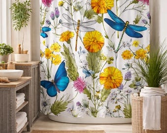 Floral Butterfly Dragonfly Shower Curtain, Nature Botanical Bathroom Decor (70.8x70.8 Inch)