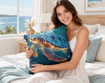 Turtle Cushion Cover, Coastal Throw Pillow, Double-Sided Polyester Print