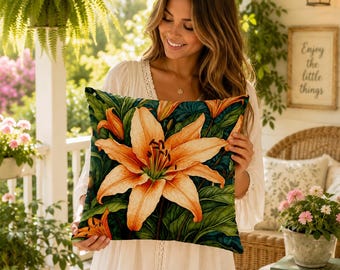 1pc Retro Orange Lilies Teal Floral Throw Pillow Cover | Vintage Botanical Decorative Cushion Cover Pillowcase with Envelope Closure