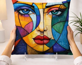 Abstract Face Cushion Cover, Modern Cubism Art Pillow Case, Geometric Woman Throw Pillow (18x18)