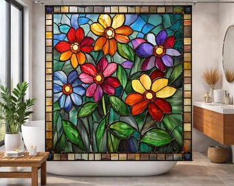 Floral Shower Curtain, Stained Glass Look, Hand Painted Art, Polyester Bathroom Decor
