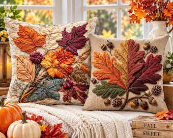 2D Flat Print Autumn Oak Maple Leaves Pillow Cover Beautiful, 18x18, Thanksgiving Cushion Case, Faux Embroidery Acorn Fall - 1pc
