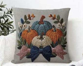 Fall Pumpkin  floral wreath Pillow Cover, Autumn Bow Cushion Case, 2D Flat Print Double-Sided Polyester Throw Pillowcase, Home Decor