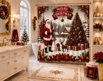 Christmas Santa Shower Curtain, Merry Christmas Reindeer Gift Box Bathroom Decor, Xmas Curtain, 70.8 x 70.8 inches.