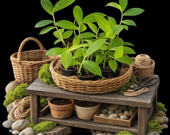 May include: A rustic wooden potting bench with a woven basket of green plants, a small basket of twine, and various gardening supplies. Additional elements include small pots, stones, and moss.