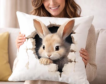 Easter Bunny Pillow Covers – Rabbit Peeking Cracked Egg Design, Spring Décor Set