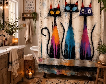 Three Funky Felines Shower Curtain – Colorful Abstract Cat Art Bathroom Decor (70.87" x 70.87")