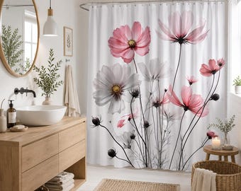 Pastel Cosmos Shower Curtain, Pink White Floral Minimalist Bathroom Decor