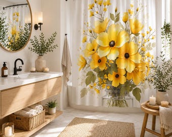 Canyon Yellow Daisy Bouquet Bath Curtain  with Yellow Sunflowers & Delicate Blossoms   Polyester Fabric, 70 x 70 Inches with 12 Hooks,