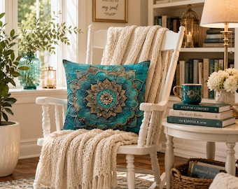 Luxury Cyan Mandala Pillow Cover, Double-Sided Peach Skin Velvet Cushion Cover, Teal & Gold Lotus Pattern  17.72x17.72"