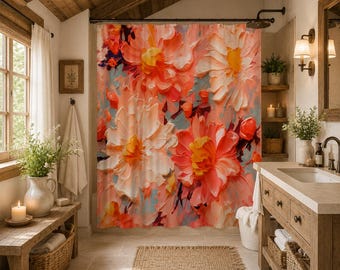 Bold Blooms Shower Curtain – Peach, Coral & White Flowers on Teal Background with Expressive Brushwork, 70.8 x 70.8 Inches-2 D flat print