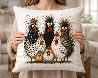 Whimsical Chicken Pillow Cover – Cartoon Farmhouse Polka Dot Cushion 18"x18"