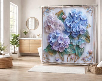 Hydrangea Floral Shower Curtain – Elegant Bathroom Decor- the design flat print.