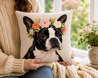 Funda de almohada con diseño floral de Boston Terrier, cojín estilo cottagecore para amantes de los perros (45 x 45 cm)