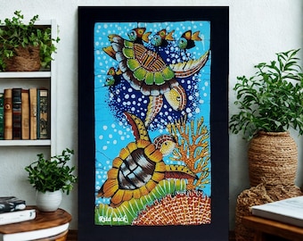 Arte mural de tortugas coloridas, batik, arte marino vintage único hecho a mano