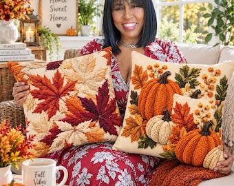 Fall Throw Pillow Cover, 2D Flat Print Autumn Maple Leaves & Pumpkin Cushion Cover, Thanksgiving Country Rustic Decor 17.7x17.7-   2 designs