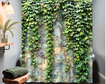 Green Ivy Leaves Botanical Shower Curtain, Rustic Farmhouse Bathroom Decor, Realistic 2D Pattern