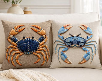 Crab design  Pillow Cover, 18x18 Inch, Coastal Decor (2 Designs)Vintage