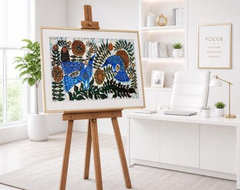 Arte batik vintage: Tapiz de pared original bordado con pavo real (35x20 cm), obra de arte en ambos lados.