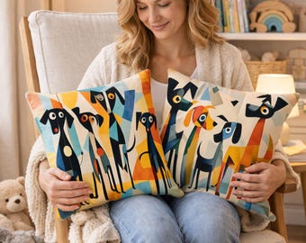 Set of 4 Modern Abstract Dog Pillow Covers – Mid Century Geometric Dog Art (18x18")