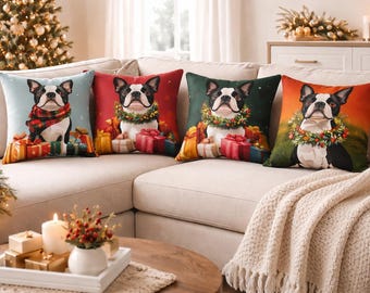 Boston Terrier Holiday Pillow Cover, Double Sided Print, Polyester Fabric, Christmas Dog Decor