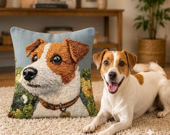 Pet Portrait Pillow • Modern Couch Decor Dog Cushion • Textured 2D Flat Print Accent Pillow • Personalized Dog Lover Gift-18x18"