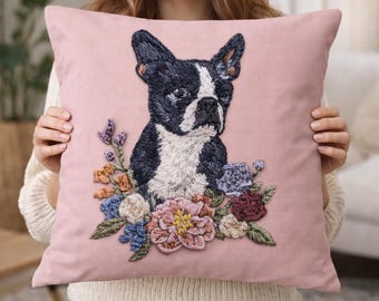 Boston Terrier Floral Cushion Cover, 18x18 Inch Soft Plush Pillow