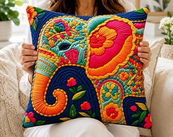 Bohemian Design Elephant 2D Print Pillow Cover, Vibrant Decorative Cushion Cover with Hidden Zipper Closure, 18 x 18 inches
