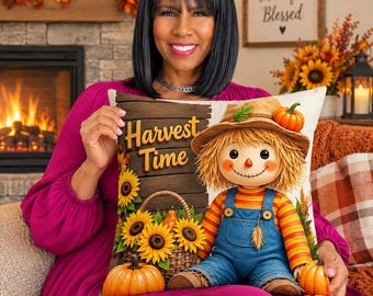 Harvest Scarecrow Pillow Cover 18x18, Sunflower Pumpkin Fall Throw Pillow, Harvest Time Farmhouse Thanksgiving Sofa Decor