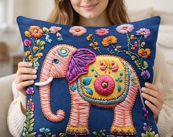 Boho Elephant Pillow Cover, Colorful Floral Print, Plush Sofa Cushion Case- Non-Embroidered 18x18"