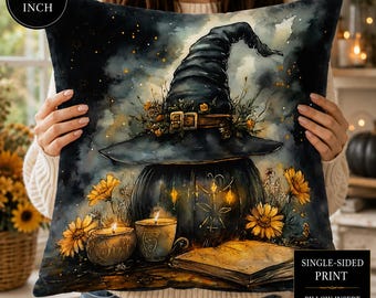 Vintage Halloween Witch Hat Pillow Cover, 18x18 Soft Velvet Cushion, Single-Sided Witchy Pumpkin Decor, Gothic Fall Throw Pillow