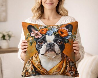 French Bulldog Boston Terrier Floral Crown Pillow Cover (18x18"), Flat Print Cushion