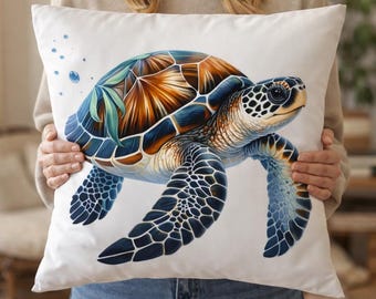Vibrant Sea Turtle Cushion Cover – Coastal Marine Turtle Pillow 17.7" (One Side Print)