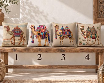 Camel Pillow Cover, Bohemian Arabian Desert Décor, 2D Flat Print Non-Real Embroidery, Colorful Moroccan Cushion Cover, 18x18