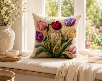 Vintage Tulip Blumenkissenbezug, 2D Flachdruck-Kissenbezug im Stickerei-Look, weicher Polyester-Kissenbezug, 45 x 45 cm,