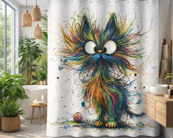 Abstract Cat Shower Curtain, Whimsical Multicolor Polyester Bathroom Decor (70.8 x 70.8 in)