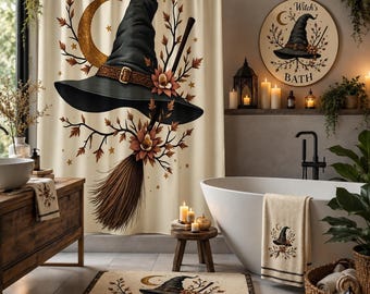 Halloween Witch Hat Shower Curtain, 2D Flat Autumn Bathroom Decor, Moon & Falling Leaves Bath Curtain, Gothic